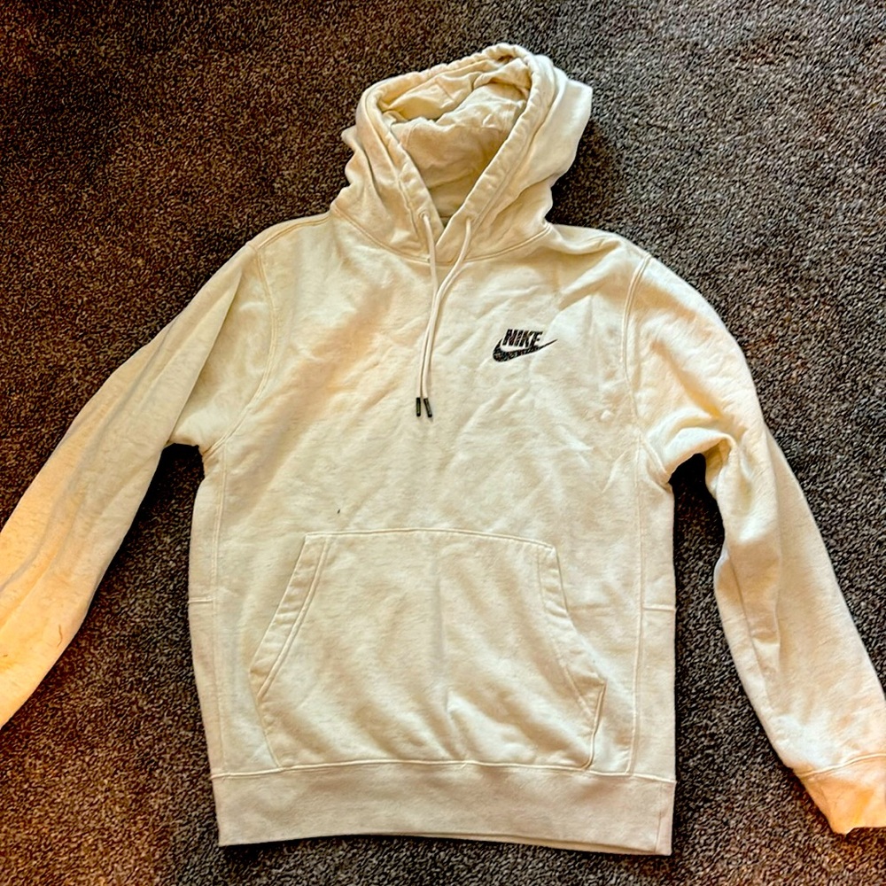 White Nike hoodie. Rainbow splatter logo. Size small